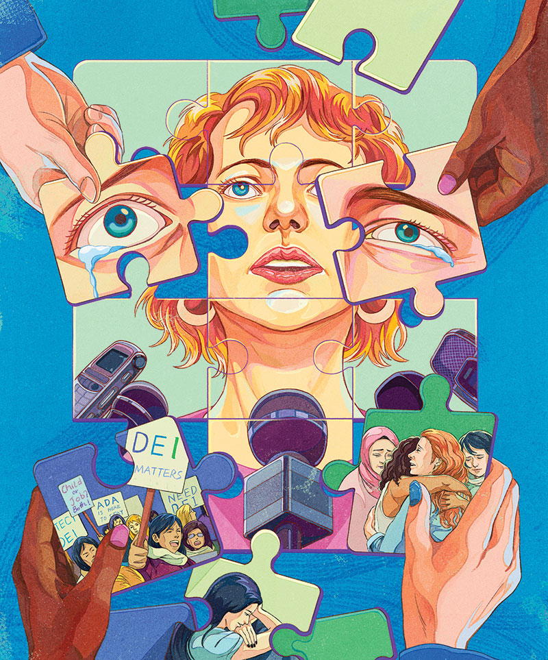 Hands around table struggling to piece together a puzzle that pictures a woman looking upward.