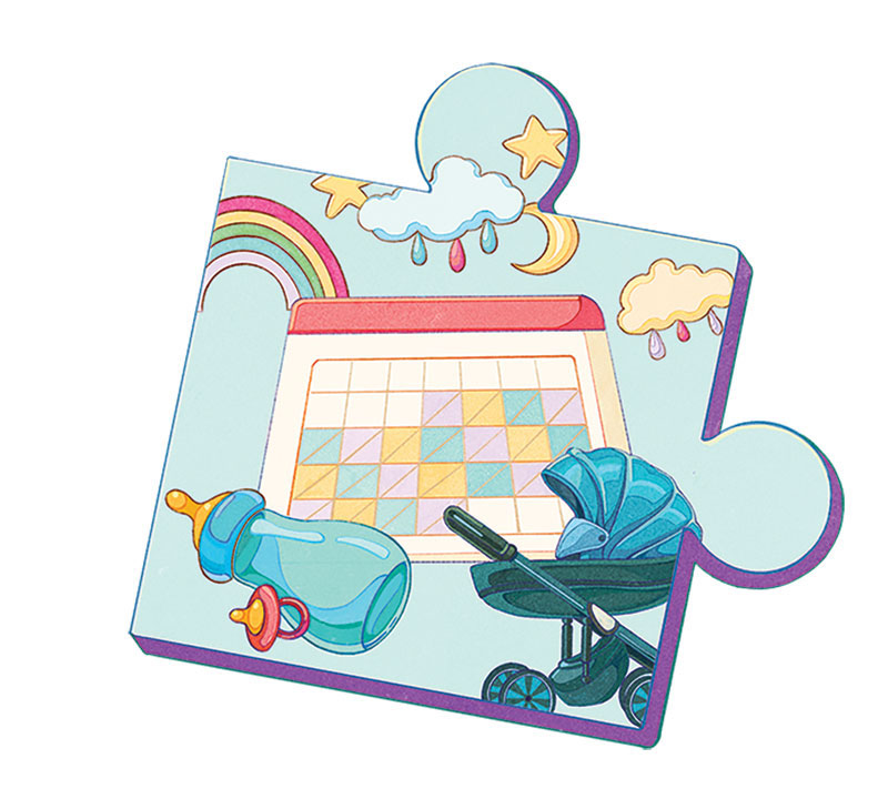 Puzzle piece featuring a baby stroller, baby bottle, calendar, and clouds