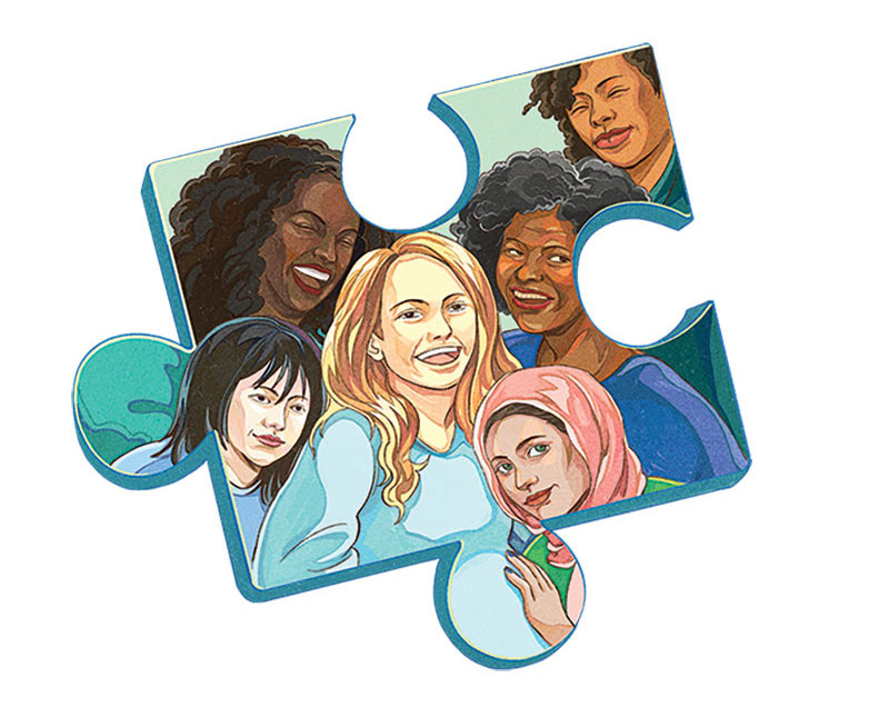 Puzzle piece featuring women of different ethnicities.