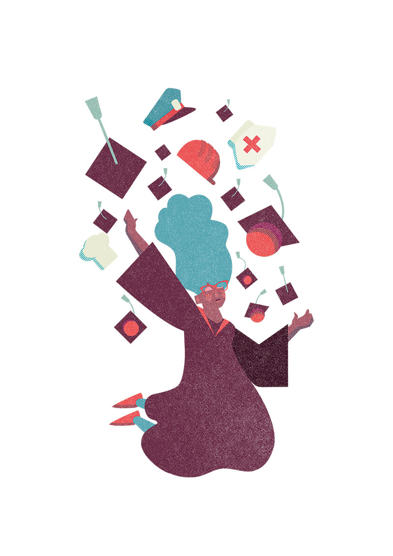 Stylized Illustration of person in graduation gear floating; different occupation hats floating around them as well.