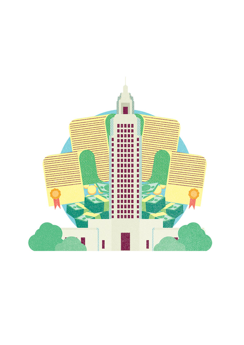 Stylized image of State capital, long flowing documents and cash right behind it.