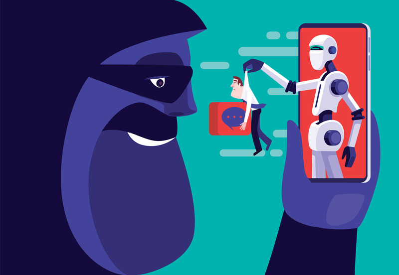 Stylized illustration of hacker holding phone with robot, holding a smaller person holding a speech bubble