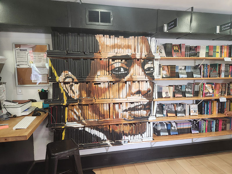 The interior of Baldwin & Co. – focusing on the shelves of books (on display and for sale) and a section where the books' spines are painted to create an image of James Baldwin.