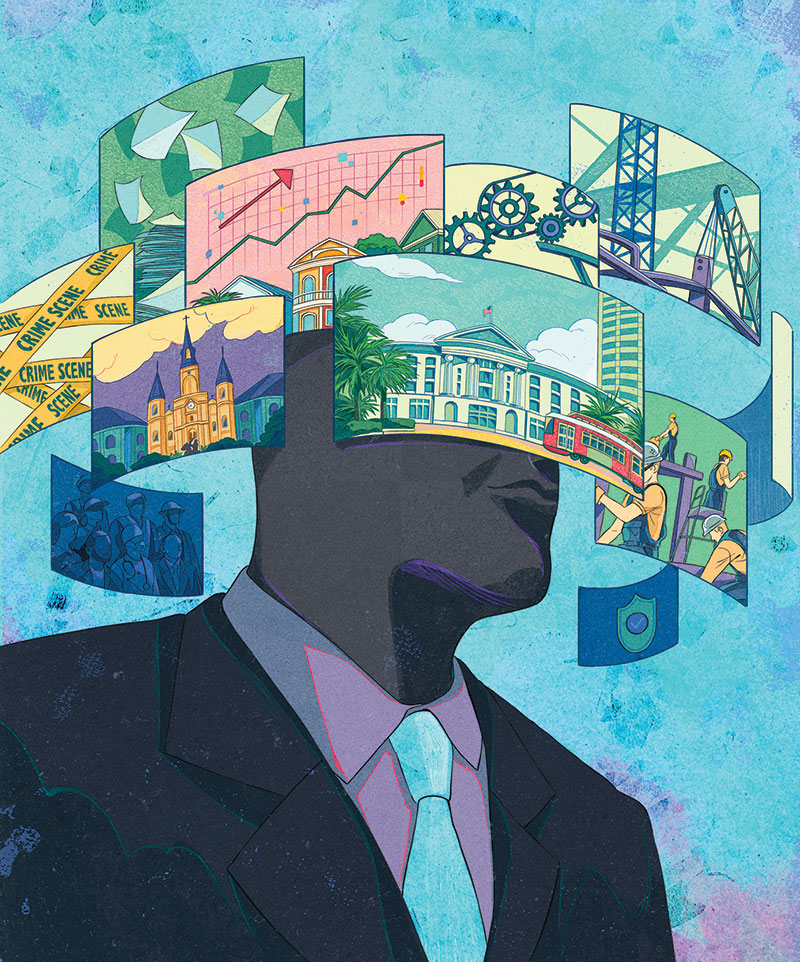 Stylized illustration of faceless person, many images curving and surrounding their head; images of graphs, different job sectors of the city, different landmarks.