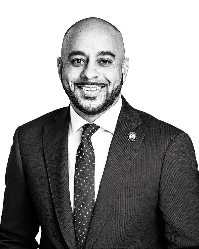 Black and white portrait of Sen. Royce Duplessis 