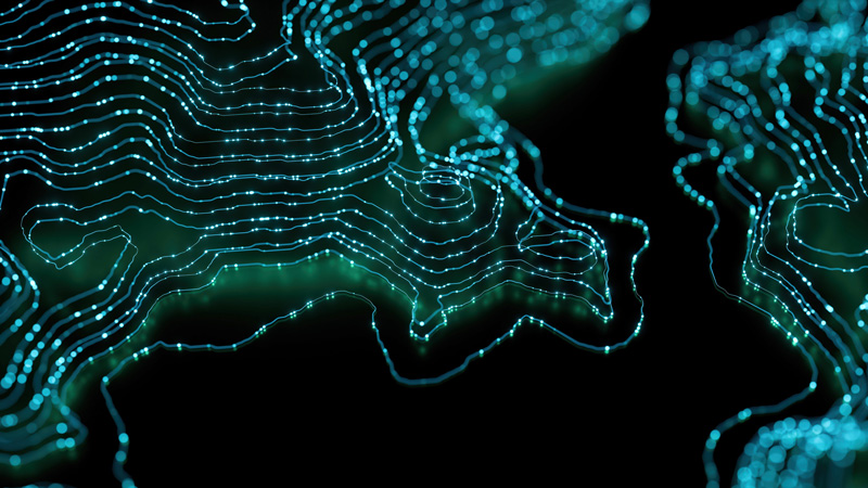 Technology 3rd render of a topological map made of very think teal electronic lines