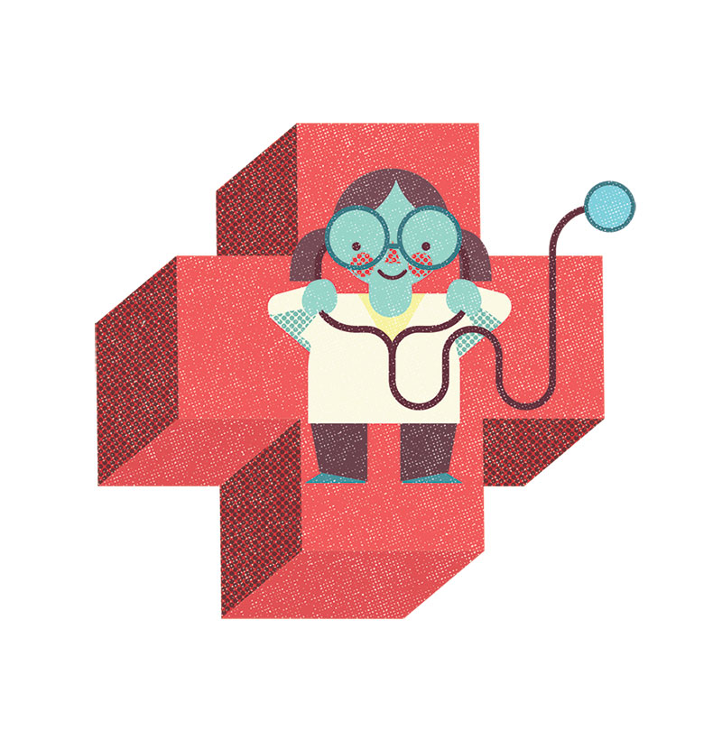 Stylized illustration of a child with glasses using a stethoscope against a medical cross background