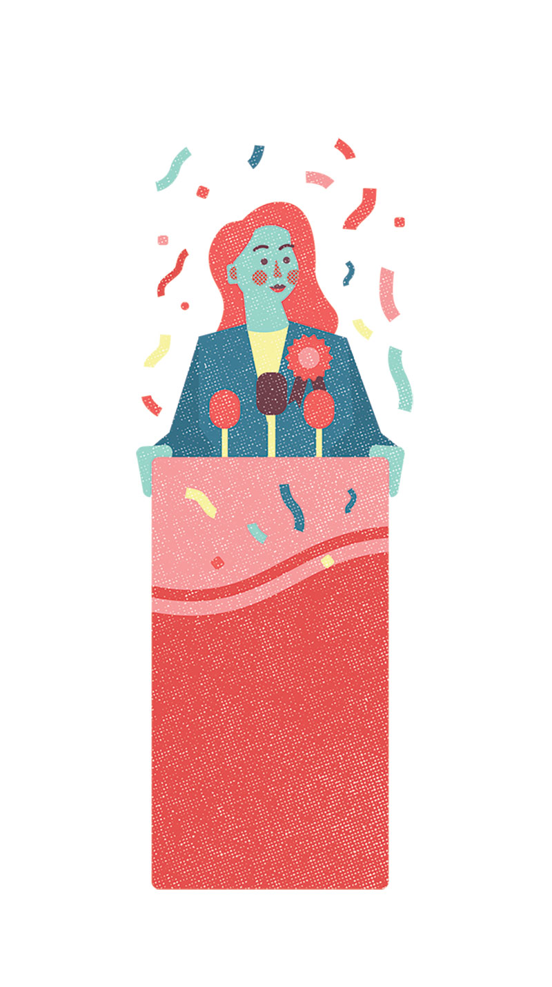 Stylized illustration of a woman at a podium while confetti rains down