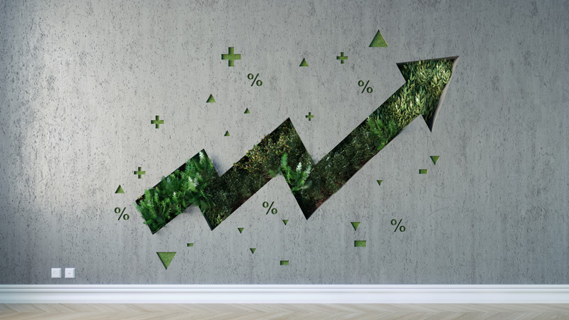 Trending upward arrow made out of grass on a gray wall