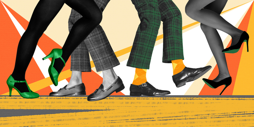 Party and leisure time. Male and female legs in shoes and heels over colorful background. People dancing. Concept of retro dance, vintage, hobby, creativity, inspiration. Colorful design.
